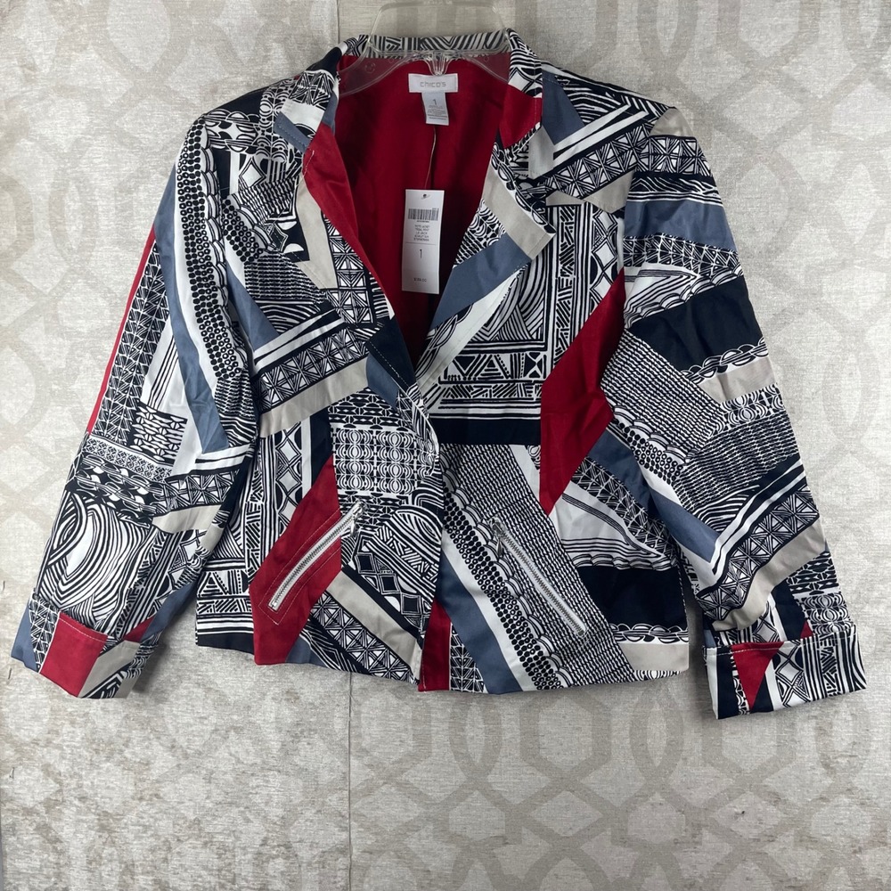 Chicos Moto Jacket Tribal Print Women Size 1 M Red Black White Geometric New